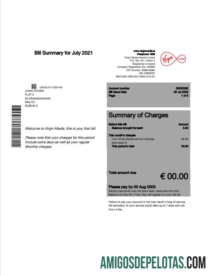 para download Modelo de conta de serviços públicos da Ireland Virgin Media editável em Word e PDF, versão 1